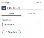 Image of the Block tab of the Settings pane for the Clone a Record Quick Action block.